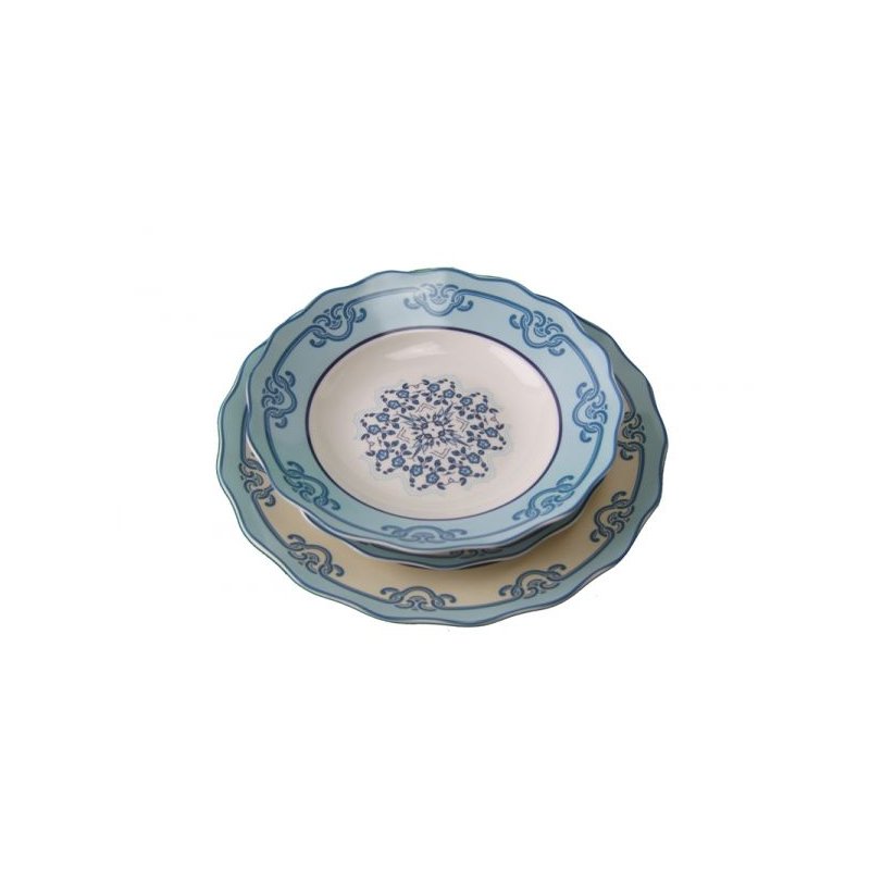 Service of 18 pieces ceramic dishes - Positano white collection and blue decorations -