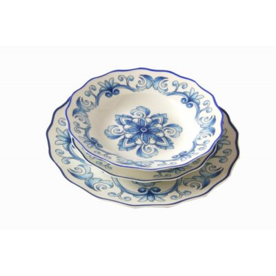 Service de table 18 pièces en porcelaine fine - Collection Pantelleria - Décorations bleues -