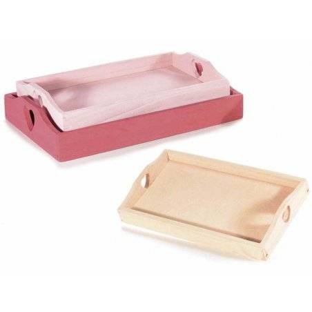 Set of 3 Wooden Trays with Heart-Shaped Handle - Romantic Chic Style -