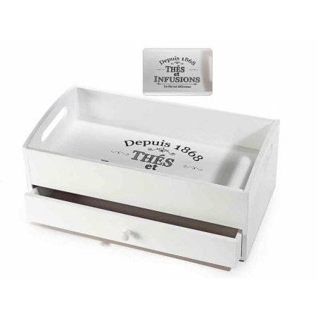 Vassoio in Legno Con cassetto Porta Tè / Spezie - Stile Shabby Chic - 