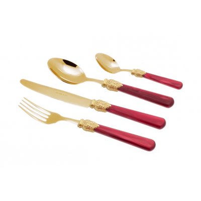 Couverts Pvd Or - Elena - Coffret 24 Pièces Manche Nacré Bordeaux - 