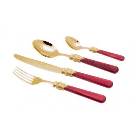 Pvd-Goldbesteck – Elena – 24-teiliges Set mit bordeauxfarbenem Perlmuttgriff - 