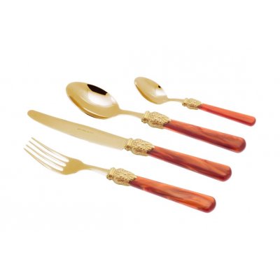 Gold Pvd Besteck - Elena - Set 24 Stück Orange Pearly Griff - 