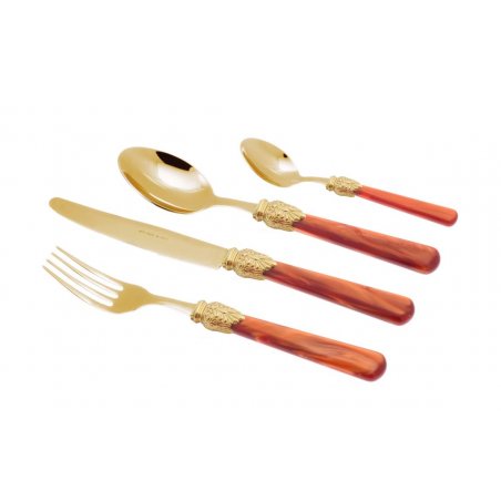Posate Oro Pvd - Elena - Set 24 Pz Manico Perlato Arancio - 