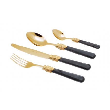 Posate Oro Pvd - Elena - Set 24 Pz Manico Perlato Nero - 