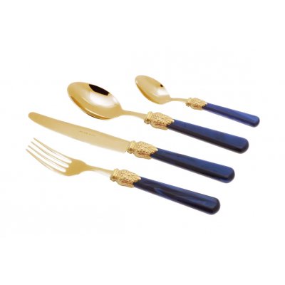 Posate Oro Pvd - Elena - Set 24 Pz Manico Perlato Blu - 