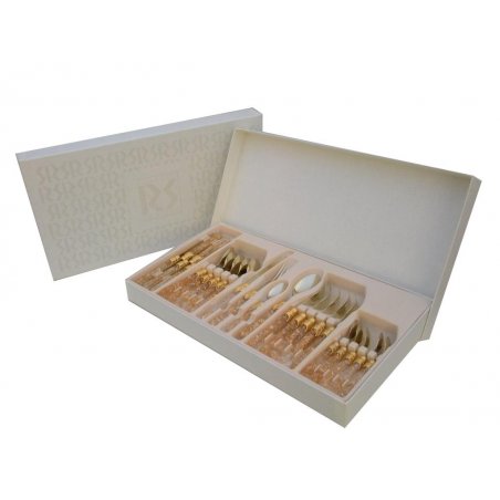 Couverts Or Pvd - Elena - Ensemble de 24 Pcs - Poignée Vert Olive Nacré - 