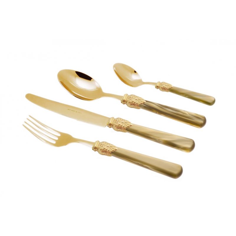 Couverts Or Pvd - Elena - Ensemble de 24 Pcs - Poignée Vert Olive Nacré - 