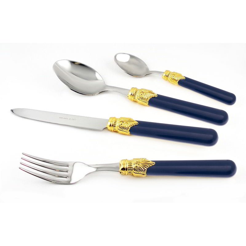 Couverts Inox 18/10 - Coffret Classique 24 Pièces - Bague Dorée PVD - Couleur Bleu - 