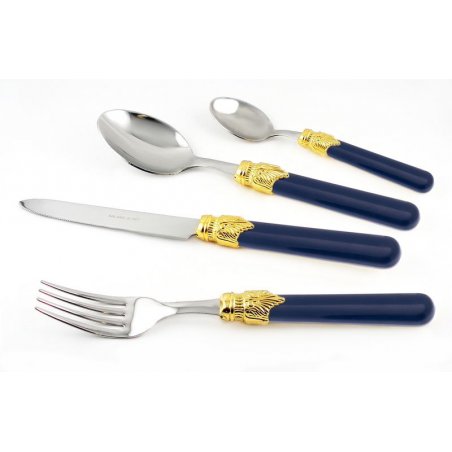 Couverts Inox 18/10 - Coffret Classique 24 Pièces - Bague Dorée PVD - Couleur Bleu - 