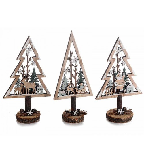 Set 3 Alberi Natalizi in Legno Naturale con Luci Led Bianco Caldo - 