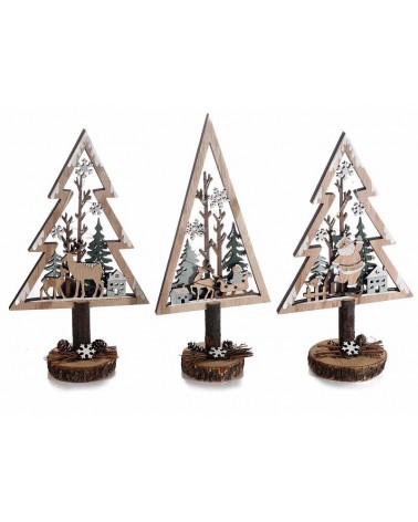 Ensemble de 3 sapins de Noël en bois naturel avec lumières LED blanches chaudes - 