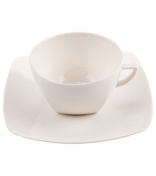 Asian Square Tea Cups with Saucers in Ivory New Bone China - 6 Pieces -  - 