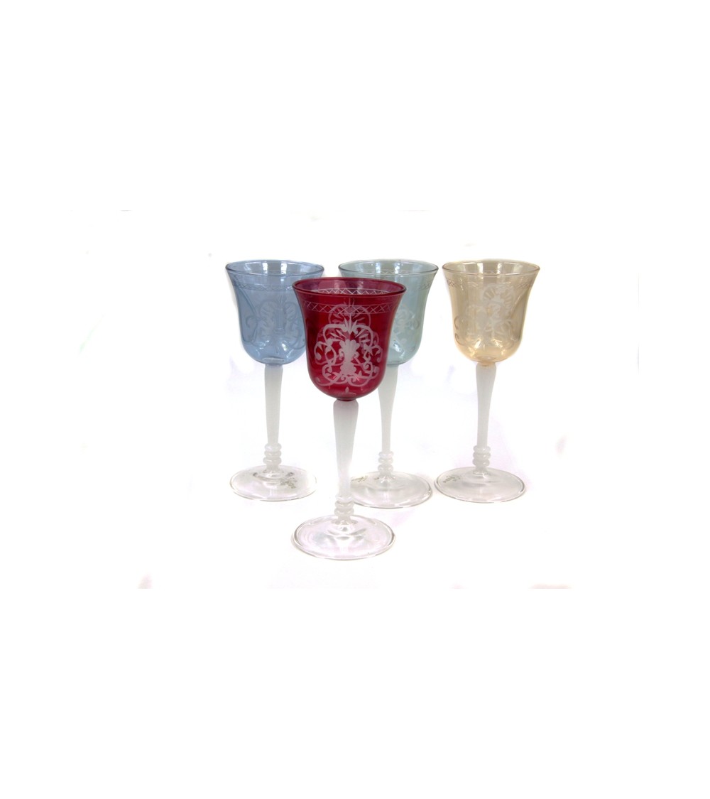 Set 4 Bicchieri in Vetro Soffiato Colorato e Incisione Firenze - Royal Family - 