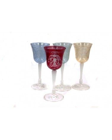 Set 4 Bicchieri in Vetro Soffiato Colorato e Incisione Firenze - Royal Family - 