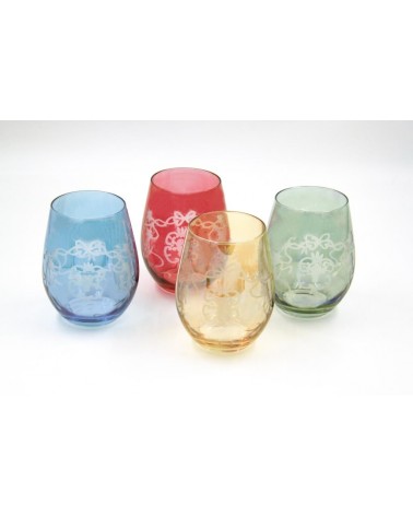 Set of 4 Large Tasting Glasses in Colored Blown Glass and Bow Engraving - Royal Family -