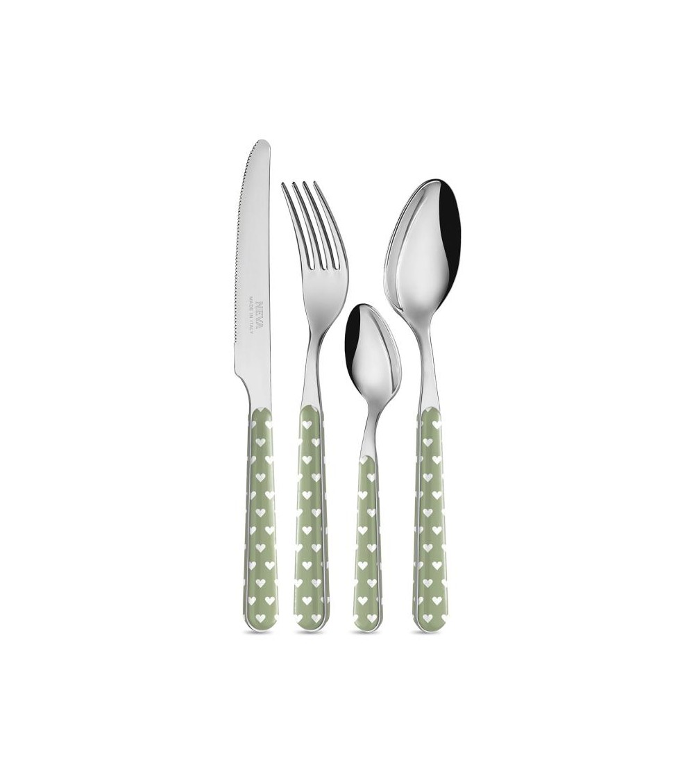 Servizio 24 Pezzi Posate Shabby Chic - Cuoricini Verde Salvia - 