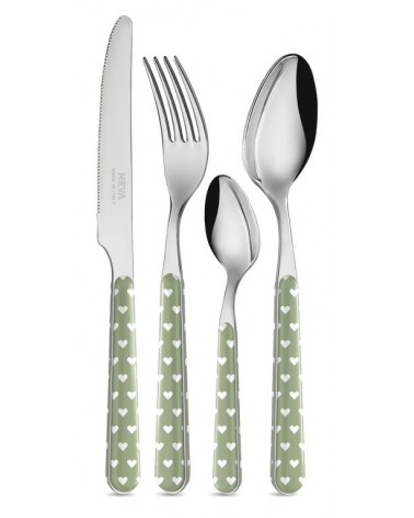 Servizio 24 Pezzi Posate Shabby Chic - Cuoricini Verde Salvia - 