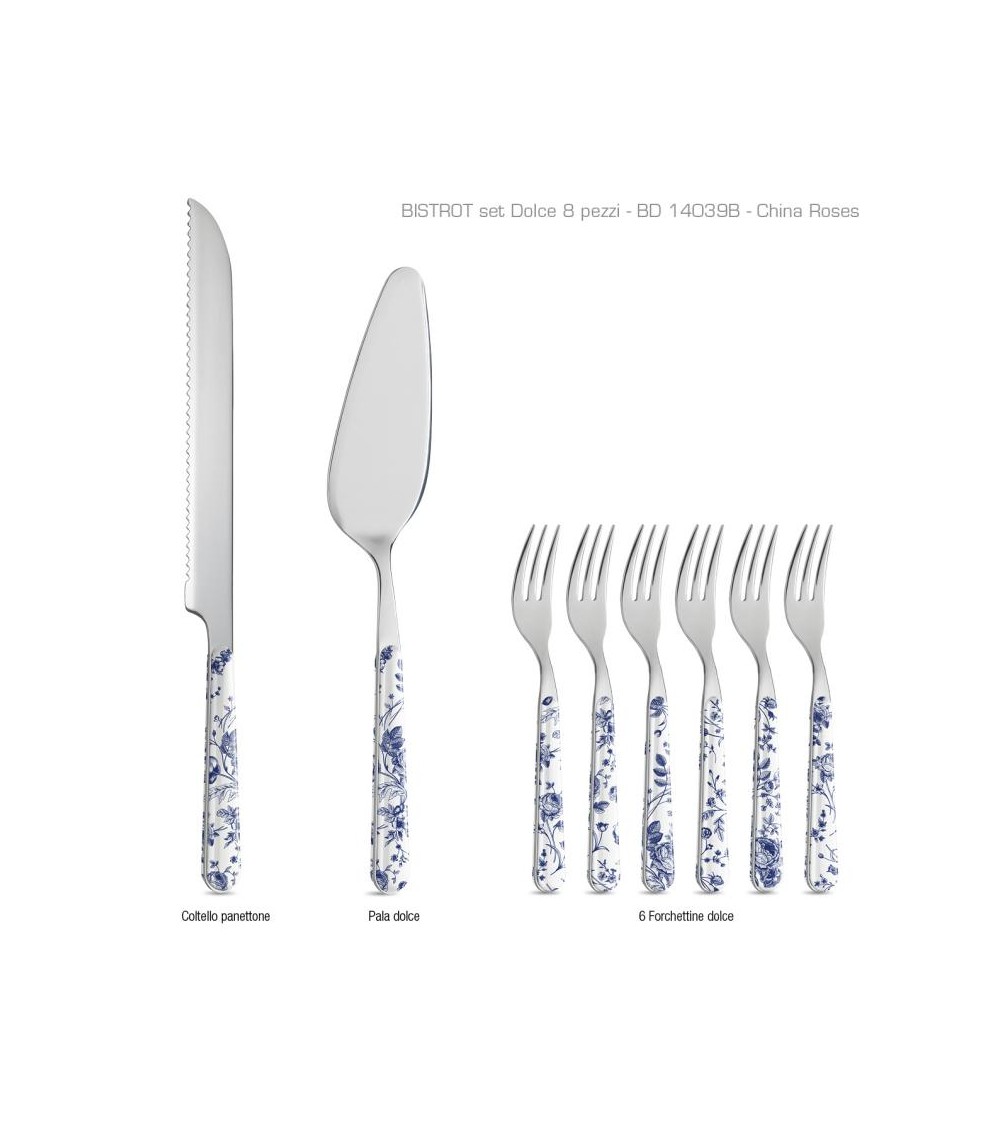 Set 8 Pcs Shabby Chic Dessert Couverts - Chine Roses Bleu - 