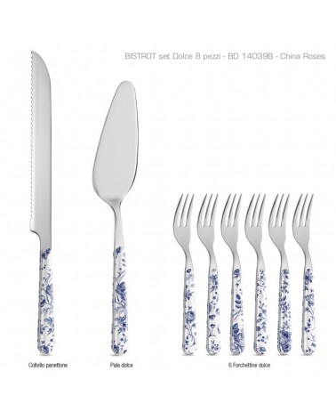 Set 8 Pcs Shabby Chic Dessert Couverts - Chine Roses Bleu - 