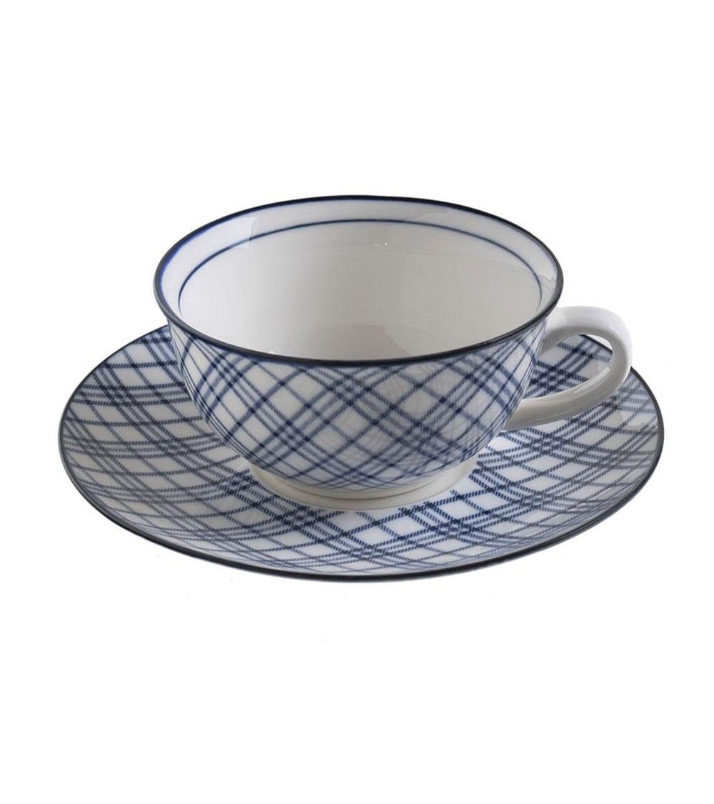 Cup with ceramic plate with blue geometric decorations "Blue Tartan" Country Style -  - 
