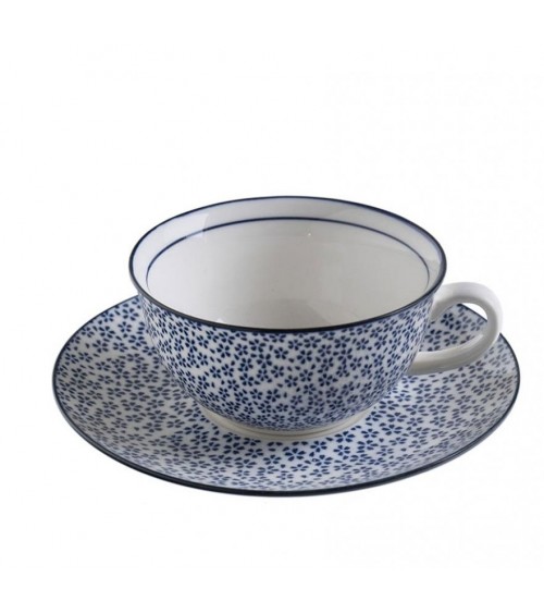 Cup with ceramic plate decorated with "Japanese Spring" blue flower flower " -  - 