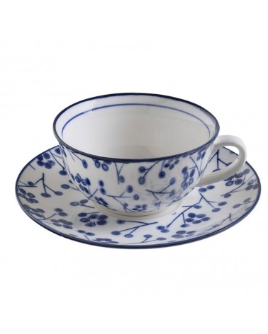 Servizio 6 Tazze con Piattino in Ceramica con decori Bianchi e Blu Shabby Chic - 