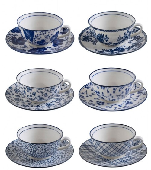 Servizio 6 Tazze con Piattino in Ceramica con decori Bianchi e Blu Shabby Chic - 