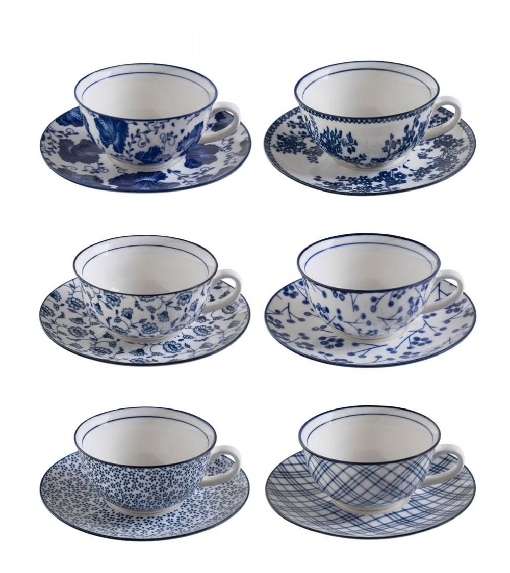 Servizio 6 Tazze con Piattino in Ceramica con decori Bianchi e Blu Shabby Chic - 