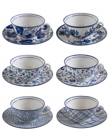 Servizio 6 Tazze con Piattino in Ceramica con decori Bianchi e Blu Shabby Chic - 