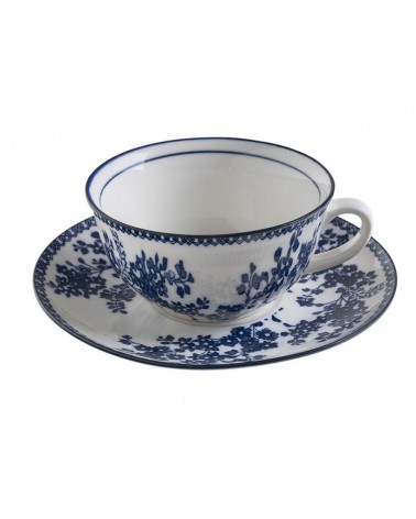 Servizio 6 Tazze con Piattino in Ceramica con decori Bianchi e Blu Shabby Chic - 