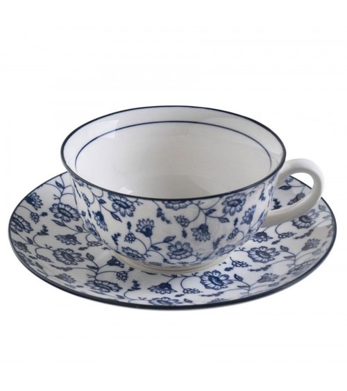 6 Cups Service with Ceramic Saucer with White and Blue Shabby Chic decorations -  - 
