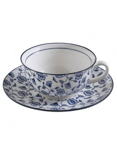 Servizio 6 Tazze con Piattino in Ceramica con decori Bianchi e Blu Shabby Chic - 
