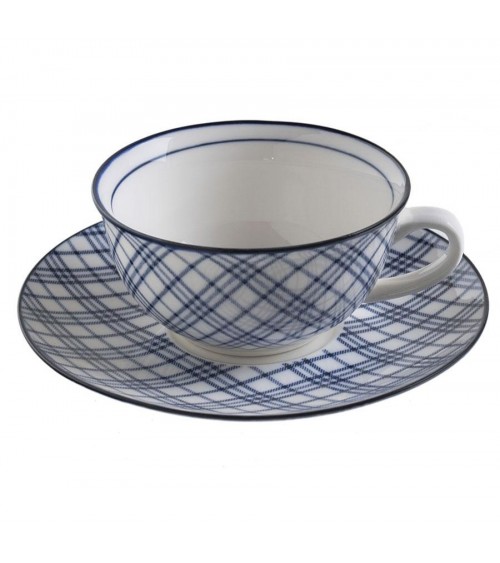 Servizio 6 Tazze con Piattino in Ceramica con decori Bianchi e Blu Shabby Chic - 