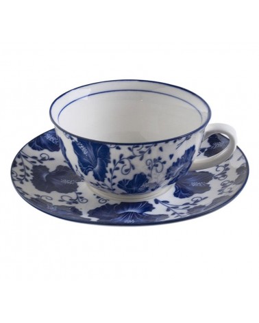 Servizio 6 Tazze con Piattino in Ceramica con decori Bianchi e Blu Shabby Chic - 