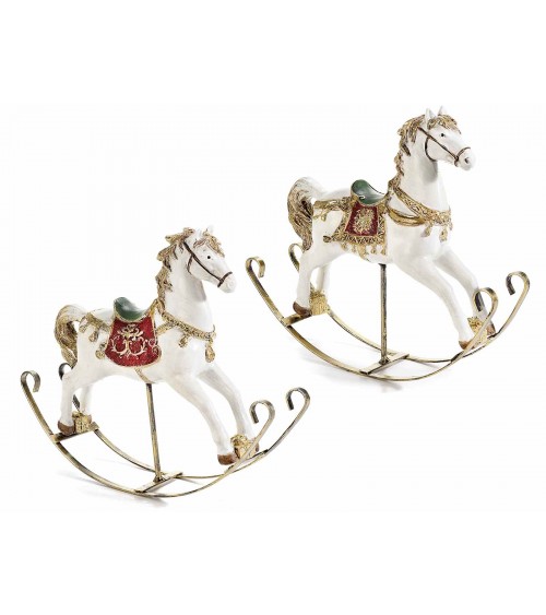 Set mit 2 Schaukelpferden aus Harz mit goldenen und glitzernden Details - 