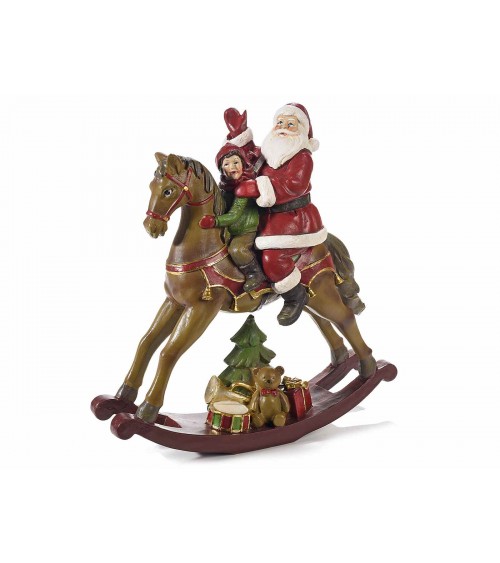 Weihnachtsmann auf Schaukelpferd mit Kind und Geschenken - 
