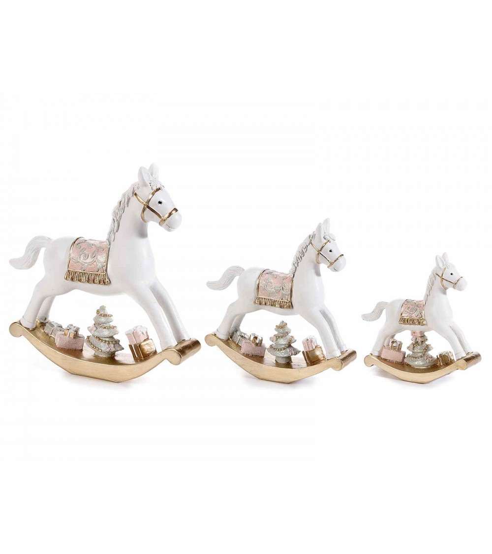 Ensemble de 3 chevaux à bascule en résine avec arbre et cadeaux - 