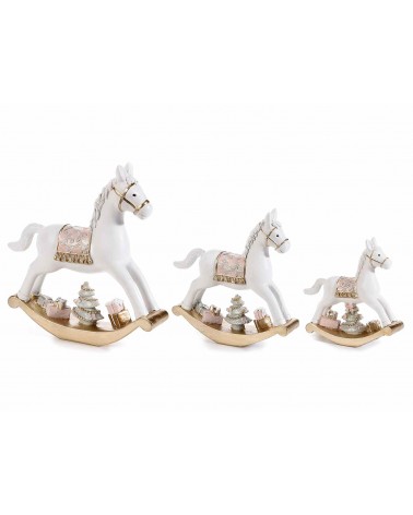 Ensemble de 3 chevaux à bascule en résine avec arbre et cadeaux - 