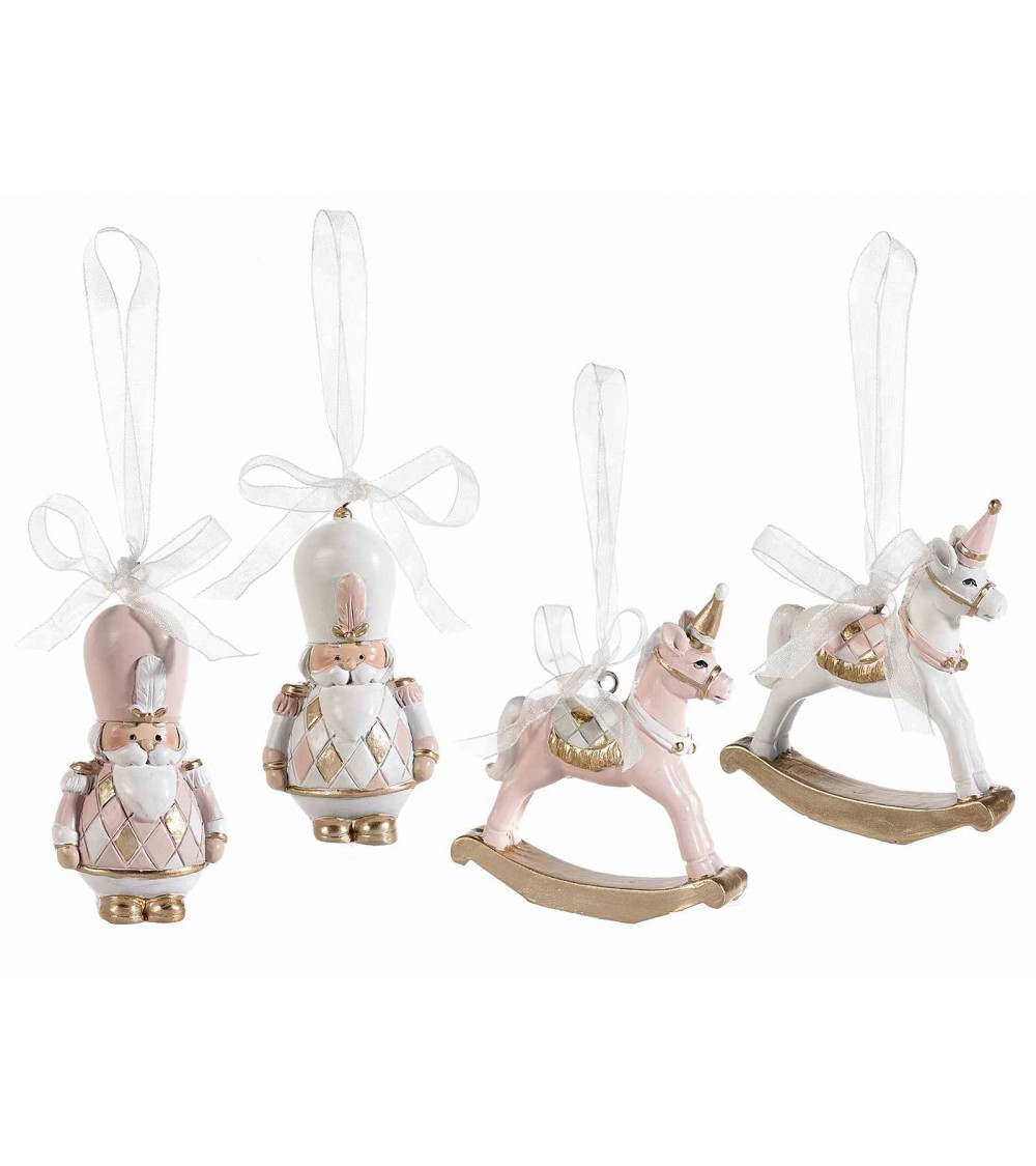 Set de 8 Casse-Noisette et Chevaux en Résine Blanche et Rose à suspendre - 