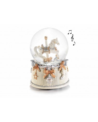 Schneeball mit Pferdespieluhr auf weißem Harzsockel - 