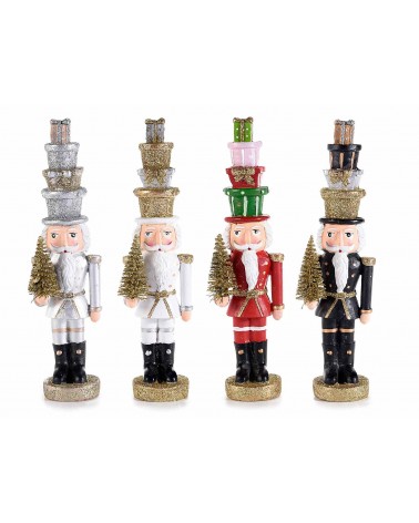 Set mit 4 Nussknackern aus Harz mit Weihnachtsbaum und Geschenkboxen - 