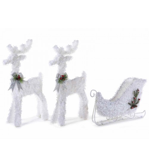 Set 2 Renne con Slitta in Metallo Effetto Neve e Luci Led - 