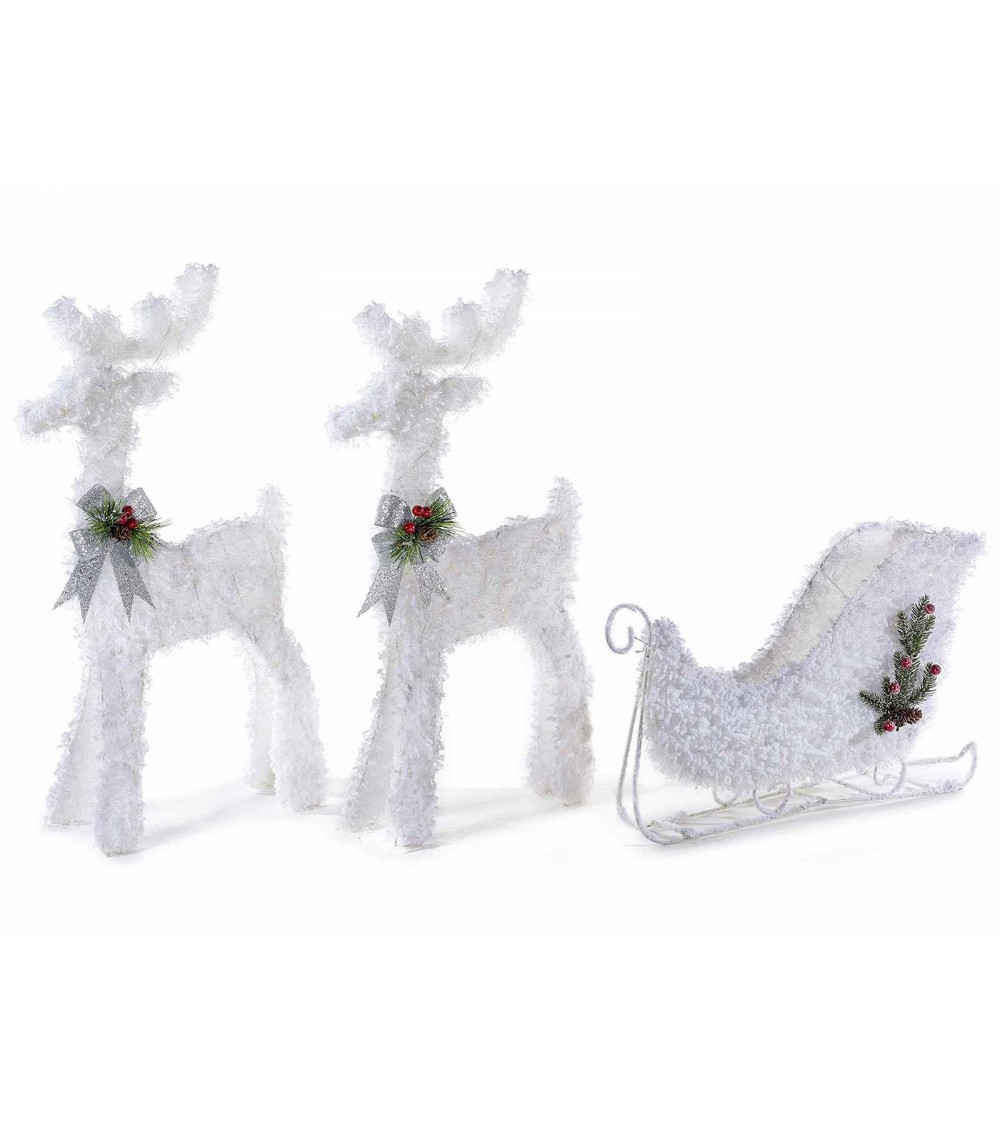 Set 2 Rentiere mit Metallschlitten mit Schneeeffekt und LED-Lichtern - 