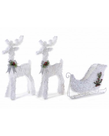 Set 2 Renne con Slitta in Metallo Effetto Neve e Luci Led - 