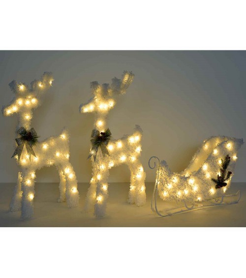 Set 2 Reindeer with Snow Effect Metal Sled and Led Lights -  - 