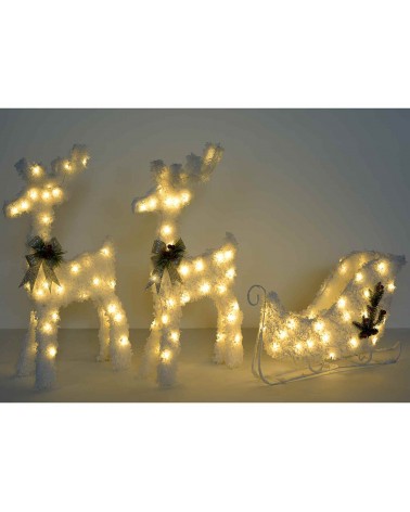 Set 2 Renne con Slitta in Metallo Effetto Neve e Luci Led - 