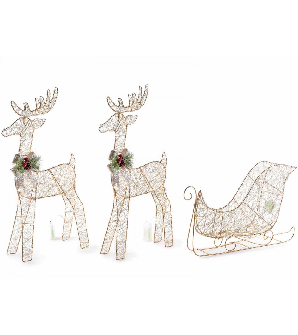 Set 2 Rentiere mit goldenem Metallschlitten mit warmweißen LED-Lichtern - 