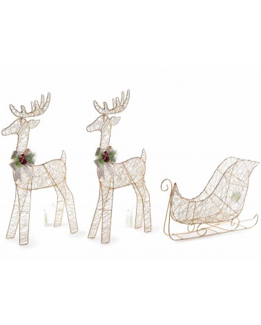 Set 2 Renne con Slitta in Metallo Dorato con Luci Led Bianco Caldo - 