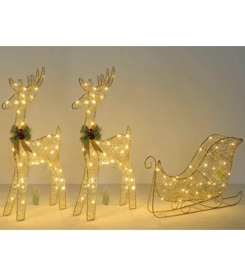 Set 2 Rentiere mit goldenem Metallschlitten mit warmweißen LED-Lichtern - 